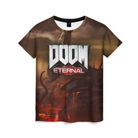 Женская футболка 3D с принтом DOOM Eternal в Петрозаводске, 100% полиэфир ( синтетическое хлопкоподобное полотно) | прямой крой, круглый вырез горловины, длина до линии бедер | doom | doomguy | slayer | вечный | дум | думгай | палач рока