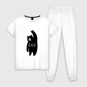 Женская пижама хлопок с принтом BAD BEAR 666 ROCK в Петрозаводске, 100% хлопок | брюки и футболка прямого кроя, без карманов, на брюках мягкая резинка на поясе и по низу штанин | 666 | bear | devil | satan | медведь | сатана