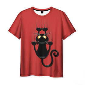Мужская футболка 3D с принтом Черный Кот в Петрозаводске, 100% полиэфир | прямой крой, круглый вырез горловины, длина до линии бедер | black | cat | cats | кот | котенок | коты | кошка | кошки | красный | черная