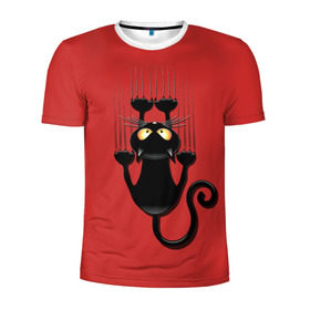Мужская футболка 3D спортивная с принтом Черный Кот в Петрозаводске, 100% полиэстер с улучшенными характеристиками | приталенный силуэт, круглая горловина, широкие плечи, сужается к линии бедра | black | cat | cats | кот | котенок | коты | кошка | кошки | красный | черная