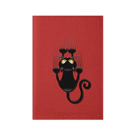 Обложка для паспорта матовая кожа с принтом Черный Кот в Петрозаводске, натуральная матовая кожа | размер 19,3 х 13,7 см; прозрачные пластиковые крепления | Тематика изображения на принте: black | cat | cats | кот | котенок | коты | кошка | кошки | красный | черная