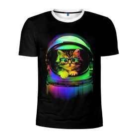 Мужская футболка 3D спортивная с принтом Котик в Космосе в Петрозаводске, 100% полиэстер с улучшенными характеристиками | приталенный силуэт, круглая горловина, широкие плечи, сужается к линии бедра | cat | cats | cute | kitty | rainbow | space | spaceman | космонавт | космос | кот | котенок | коты | кошка | кошки | очки | радуга | скафандр | шлем