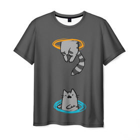 Мужская футболка 3D с принтом Кот в Портале в Петрозаводске, 100% полиэфир | прямой крой, круглый вырез горловины, длина до линии бедер | cat | cats | game | games | portal | tail | valve | в портале | вэльв | игра | игры | кот | коты | кошка | кошки | портал | хвост