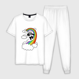Мужская пижама хлопок с принтом ПАНДА НА РАДУГЕ в Петрозаводске, 100% хлопок | брюки и футболка прямого кроя, без карманов, на брюках мягкая резинка на поясе и по низу штанин
 | cloud | mem | panda | rainbow | serfing | мем | облака | панда | радуга | серфинг | юмор