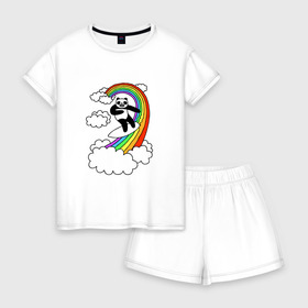 Женская пижама с шортиками хлопок с принтом ПАНДА НА РАДУГЕ в Петрозаводске, 100% хлопок | футболка прямого кроя, шорты свободные с широкой мягкой резинкой | cloud | mem | panda | rainbow | serfing | мем | облака | панда | радуга | серфинг | юмор