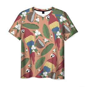Мужская футболка 3D с принтом Попугайчики в Петрозаводске, 100% полиэфир | прямой крой, круглый вырез горловины, длина до линии бедер | джунгли | жара | кокосы | лето | отпуск | попугайчики | птицы | путушествия | цветы