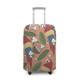 Чехол для чемодана 3D с принтом Попугайчики в Петрозаводске, 86% полиэфир, 14% спандекс | двустороннее нанесение принта, прорези для ручек и колес | джунгли | жара | кокосы | лето | отпуск | попугайчики | птицы | путушествия | цветы