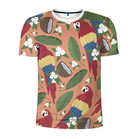Мужская футболка 3D спортивная с принтом Попугайчики в Петрозаводске, 100% полиэстер с улучшенными характеристиками | приталенный силуэт, круглая горловина, широкие плечи, сужается к линии бедра | джунгли | жара | кокосы | лето | отпуск | попугайчики | птицы | путушествия | цветы