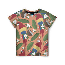 Детская футболка 3D с принтом Попугайчики в Петрозаводске, 100% гипоаллергенный полиэфир | прямой крой, круглый вырез горловины, длина до линии бедер, чуть спущенное плечо, ткань немного тянется | Тематика изображения на принте: джунгли | жара | кокосы | лето | отпуск | попугайчики | птицы | путушествия | цветы