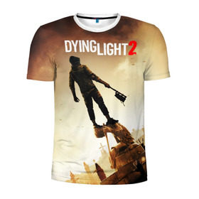 Мужская футболка 3D спортивная с принтом Dying Light 2 в Петрозаводске, 100% полиэстер с улучшенными характеристиками | приталенный силуэт, круглая горловина, широкие плечи, сужается к линии бедра | Тематика изображения на принте: action | city | dying light | game | postapocalypse | sky | zombie | город | игра | персонаж | постапокалипсис