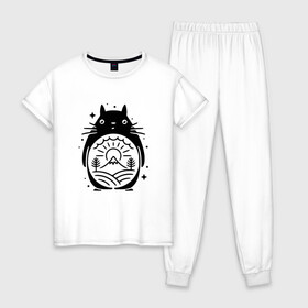 Женская пижама хлопок с принтом Мой сосед Тоторо в Петрозаводске, 100% хлопок | брюки и футболка прямого кроя, без карманов, на брюках мягкая резинка на поясе и по низу штанин | anime | аниме | анимэ | герои | канта огаки | котобус | мой сосед тоторо | мультсериал | мультфильм | мэй кусакабэ | сацуки кусакабэ | сусуватари | тацуо кусакабэ | тоторо | ясуко кусакабэ