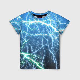 Детская футболка 3D с принтом РАЗРЯДЫ МОЛНИЙ в Петрозаводске, 100% гипоаллергенный полиэфир | прямой крой, круглый вырез горловины, длина до линии бедер, чуть спущенное плечо, ткань немного тянется | blue | epic | green | lightning | rain | storm | stripes | texture | thunder | гроза | гром | дождь | зеленый | линии | молнии | молния | пафосные | полосы | разряды | синий | текстура | шторм | эпичные | яркие
