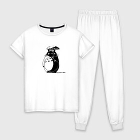 Женская пижама хлопок с принтом Тоторо в Петрозаводске, 100% хлопок | брюки и футболка прямого кроя, без карманов, на брюках мягкая резинка на поясе и по низу штанин | anime | аниме | анимэ | герои | канта огаки | котобус | мой сосед тоторо | мультсериал | мультфильм | мэй кусакабэ | сацуки кусакабэ | сусуватари | тацуо кусакабэ | тоторо | ясуко кусакабэ