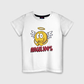 Детская футболка хлопок с принтом ANGEL 100% в Петрозаводске, 100% хлопок | круглый вырез горловины, полуприлегающий силуэт, длина до линии бедер | 100 | angel | ангел | добрая | добрый | крылья | мем | мемас | мемасик | милый | надпись | нимб | процентов | смайл | смайлик | улыбка | эмоджи | эмодзи