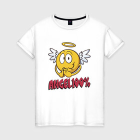 Женская футболка хлопок с принтом ANGEL 100% в Петрозаводске, 100% хлопок | прямой крой, круглый вырез горловины, длина до линии бедер, слегка спущенное плечо | 100 | angel | ангел | добрая | добрый | крылья | мем | мемас | мемасик | милый | надпись | нимб | процентов | смайл | смайлик | улыбка | эмоджи | эмодзи