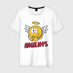 Мужская футболка хлопок с принтом ANGEL 100% в Петрозаводске, 100% хлопок | прямой крой, круглый вырез горловины, длина до линии бедер, слегка спущенное плечо. | 100 | angel | ангел | добрая | добрый | крылья | мем | мемас | мемасик | милый | надпись | нимб | процентов | смайл | смайлик | улыбка | эмоджи | эмодзи