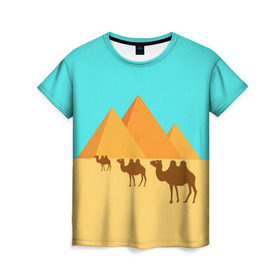 Женская футболка 3D с принтом Пирамиды Египта в Петрозаводске, 100% полиэфир ( синтетическое хлопкоподобное полотно) | прямой крой, круглый вырез горловины, длина до линии бедер | верблюд | египет | жара | караван | пирамиды | пустыня