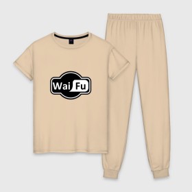 Женская пижама хлопок с принтом ВАЙФУ - WAIFU в Петрозаводске, 100% хлопок | брюки и футболка прямого кроя, без карманов, на брюках мягкая резинка на поясе и по низу штанин | 