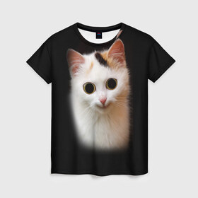 Женская футболка 3D с принтом Котик в Петрозаводске, 100% полиэфир ( синтетическое хлопкоподобное полотно) | прямой крой, круглый вырез горловины, длина до линии бедер | Тематика изображения на принте: глаза большие | кот | котенок | кошка | мордочка | смешной