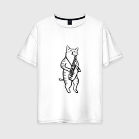 Женская футболка хлопок Oversize с принтом Кот Саксофонист в Петрозаводске, 100% хлопок | свободный крой, круглый ворот, спущенный рукав, длина до линии бедер
 | cat | арт | животные | инструмент | кот | кошка | музыка | саксофон | саксофонист