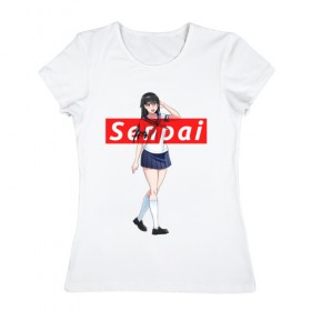 Женская футболка хлопок с принтом СЕНПАЙ - SENPAI в Петрозаводске, 100% хлопок | прямой крой, круглый вырез горловины, длина до линии бедер, слегка спущенное плечо | 