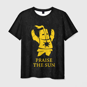 Мужская футболка 3D с принтом PRAISE THE SUN в Петрозаводске, 100% полиэфир | прямой крой, круглый вырез горловины, длина до линии бедер | dark souls | game | gamer | knight | play | player | praise the sun | дарк соулс | доспехи | игры | надпись | рыцарь | темные души
