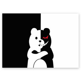 Поздравительная открытка с принтом MONOKUMA в Петрозаводске, 100% бумага | плотность бумаги 280 г/м2, матовая, на обратной стороне линовка и место для марки
 | Тематика изображения на принте: anime | bear | black  white | minomi | monokuma | pink | rabbit | school | аниме | главарь | миноми | монокума | черно белый | школа