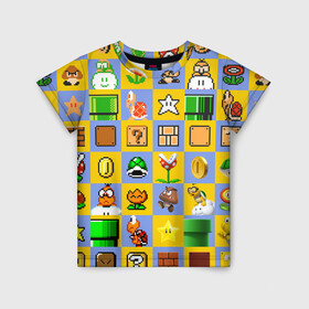 Детская футболка 3D с принтом Super Mario Pop art в Петрозаводске, 100% гипоаллергенный полиэфир | прямой крой, круглый вырез горловины, длина до линии бедер, чуть спущенное плечо, ткань немного тянется | bros | donkey kong | mario | super | игра | марио | офф | спин | супер | тоад