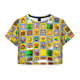 Женская футболка Cropp-top с принтом Super Mario Pop art в Петрозаводске, 100% полиэстер | круглая горловина, длина футболки до линии талии, рукава с отворотами | bros | donkey kong | mario | super | игра | марио | офф | спин | супер | тоад