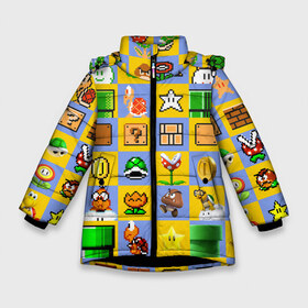 Зимняя куртка для девочек 3D с принтом Super Mario Pop art в Петрозаводске, ткань верха — 100% полиэстер; подклад — 100% полиэстер, утеплитель — 100% полиэстер. | длина ниже бедра, удлиненная спинка, воротник стойка и отстегивающийся капюшон. Есть боковые карманы с листочкой на кнопках, утяжки по низу изделия и внутренний карман на молнии. 

Предусмотрены светоотражающий принт на спинке, радужный светоотражающий элемент на пуллере молнии и на резинке для утяжки. | Тематика изображения на принте: bros | donkey kong | mario | super | игра | марио | офф | спин | супер | тоад