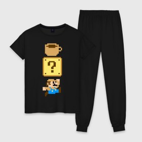 Женская пижама хлопок с принтом Любитель кофе (Марио) в Петрозаводске, 100% хлопок | брюки и футболка прямого кроя, без карманов, на брюках мягкая резинка на поясе и по низу штанин | Тематика изображения на принте: 16 bit | 16 бит | 8 bit | 8 бит | coffe | dendy | love | mario | nes | nintendo | pixel | pixels | retro | денди | кофе | любовь | марио | нинтендо