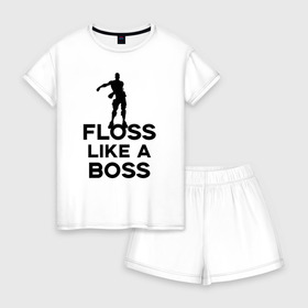 Женская пижама с шортиками хлопок с принтом Floss like a boss в Петрозаводске, 100% хлопок | футболка прямого кроя, шорты свободные с широкой мягкой резинкой | dance | floss like a boss | fortnite | swag | thebackpackkid | танец