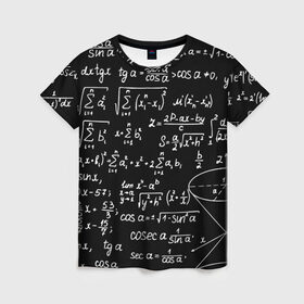 Женская футболка 3D с принтом ФОРМУЛЫ АЛГЕБРА в Петрозаводске, 100% полиэфир ( синтетическое хлопкоподобное полотно) | прямой крой, круглый вырез горловины, длина до линии бедер | e mc 2 | emc 2 | school | знаменитые формулы | физика | формулы | школа | эйнштейн