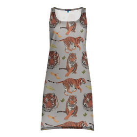 Платье-майка 3D с принтом Тигры в Петрозаводске, 100% полиэстер | полуприлегающий силуэт, широкие бретели, круглый вырез горловины, удлиненный подол сзади. | кошка | паттерн | тигр