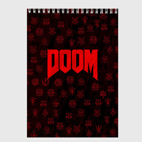 Скетчбук с принтом DOOM в Петрозаводске, 100% бумага
 | 48 листов, плотность листов — 100 г/м2, плотность картонной обложки — 250 г/м2. Листы скреплены сверху удобной пружинной спиралью | devil | doom | hell | mark of the doom slayer | slayer | ад | гарнил | дум | знаки | иероглифы | компьютерные игры 2019 | преисподняя | символ | солдат