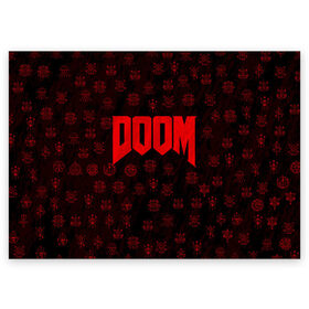 Поздравительная открытка с принтом DOOM в Петрозаводске, 100% бумага | плотность бумаги 280 г/м2, матовая, на обратной стороне линовка и место для марки
 | Тематика изображения на принте: devil | doom | hell | mark of the doom slayer | slayer | ад | гарнил | дум | знаки | иероглифы | компьютерные игры 2019 | преисподняя | символ | солдат