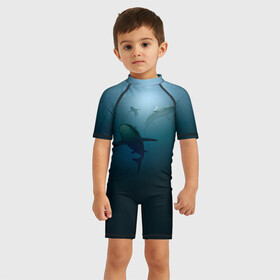 Детский купальный костюм 3D с принтом Акулы в Петрозаводске, Полиэстер 85%, Спандекс 15% | застежка на молнии на спине | море | океан | подводный мир | рыба | хищник