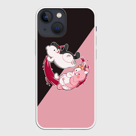 Чехол для iPhone 13 mini с принтом MONOKUMA X MONOMI | МОНОКУМА в Петрозаводске,  |  | anime | bear | black  white | danganronpa | kurokuma | monodam | monokuma | monomi | monotaro | pink | rabbit | school | shirokuma | аниме | главарь | мoноми | монокума | черно белый | школа