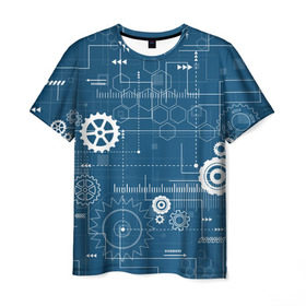Мужская футболка 3D с принтом Механика в Петрозаводске, 100% полиэфир | прямой крой, круглый вырез горловины, длина до линии бедер | детали | механизм | механик | схема | чертеж | шестеренки