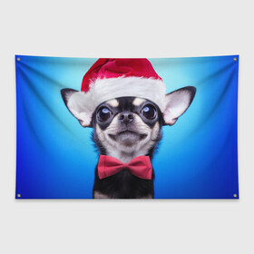 Флаг-баннер с принтом рождество в Петрозаводске, 100% полиэстер | размер 67 х 109 см, плотность ткани — 95 г/м2; по краям флага есть четыре люверса для крепления | dog | happy new year | бантик | взгляд | глаза | новый год | пинчер | праздник | санта клаус | собака | той терьер