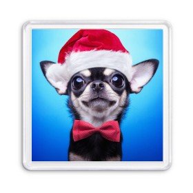 Магнит 55*55 с принтом рождество в Петрозаводске, Пластик | Размер: 65*65 мм; Размер печати: 55*55 мм | dog | happy new year | бантик | взгляд | глаза | новый год | пинчер | праздник | санта клаус | собака | той терьер