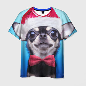 Мужская футболка 3D с принтом рождество в Петрозаводске, 100% полиэфир | прямой крой, круглый вырез горловины, длина до линии бедер | Тематика изображения на принте: dog | happy new year | бантик | взгляд | глаза | новый год | пинчер | праздник | санта клаус | собака | той терьер