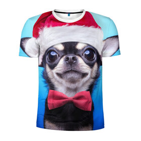 Мужская футболка 3D спортивная с принтом рождество в Петрозаводске, 100% полиэстер с улучшенными характеристиками | приталенный силуэт, круглая горловина, широкие плечи, сужается к линии бедра | dog | happy new year | бантик | взгляд | глаза | новый год | пинчер | праздник | санта клаус | собака | той терьер
