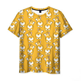 Мужская футболка 3D с принтом Корги Паттерн в Петрозаводске, 100% полиэфир | прямой крой, круглый вырез горловины, длина до линии бедер | друг человека | мимими | оранжевый | пес | попка | собака