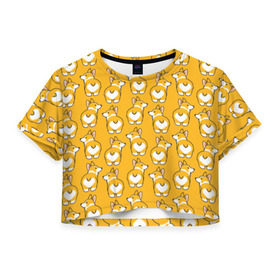 Женская футболка 3D укороченная с принтом Корги Паттерн в Петрозаводске, 100% полиэстер | круглая горловина, длина футболки до линии талии, рукава с отворотами | друг человека | мимими | оранжевый | пес | попка | собака