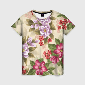 Женская футболка 3D с принтом Цветы в Петрозаводске, 100% полиэфир ( синтетическое хлопкоподобное полотно) | прямой крой, круглый вырез горловины, длина до линии бедер | букет | георгин | гладиолус | нежный | пастель | роза | ромашка