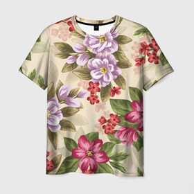 Мужская футболка 3D с принтом Цветы в Петрозаводске, 100% полиэфир | прямой крой, круглый вырез горловины, длина до линии бедер | букет | георгин | гладиолус | нежный | пастель | роза | ромашка