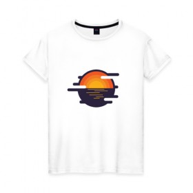 Женская футболка хлопок с принтом Морской закат в Петрозаводске, 100% хлопок | прямой крой, круглый вырез горловины, длина до линии бедер, слегка спущенное плечо | волны | восход | геометрия | закат | минимализм | море | отражение | солнце