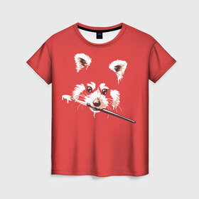 Женская футболка 3D с принтом Красная панда в Петрозаводске, 100% полиэфир ( синтетическое хлопкоподобное полотно) | прямой крой, круглый вырез горловины, длина до линии бедер | енот | кисть | лиса | малая панда | художник