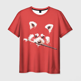 Мужская футболка 3D с принтом Красная панда в Петрозаводске, 100% полиэфир | прямой крой, круглый вырез горловины, длина до линии бедер | енот | кисть | лиса | малая панда | художник
